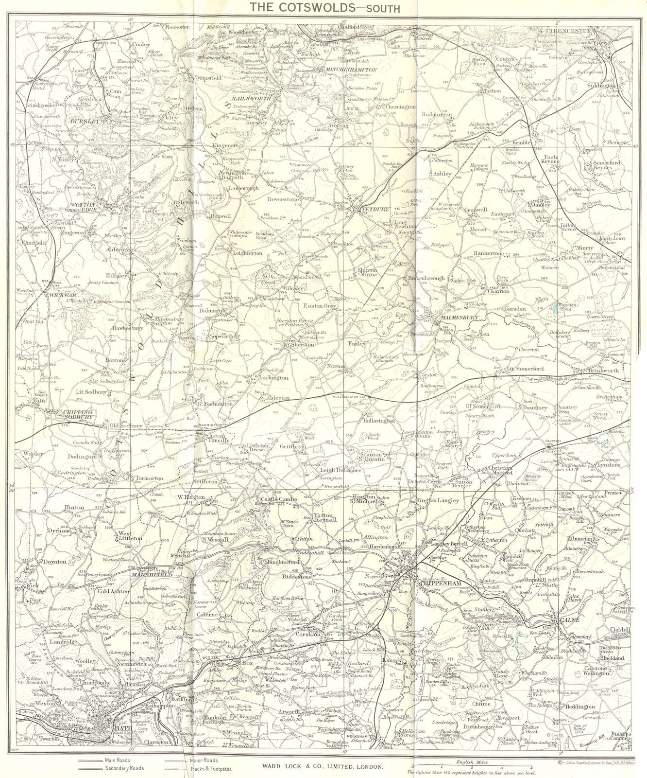 SOUTH COTSWOLDS Bath Cirencester Chippenham Tetbury. WARD LOCK 1961 map